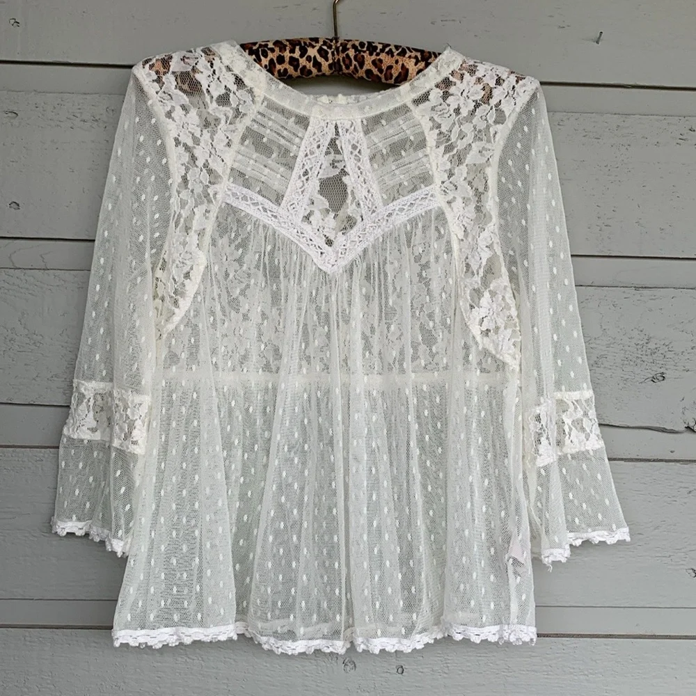 FREE PEOPLE BOHO IVORY/OFF WHITE MODERN ROMANCE SHEER LACE TOP - Picture 12 of 13
